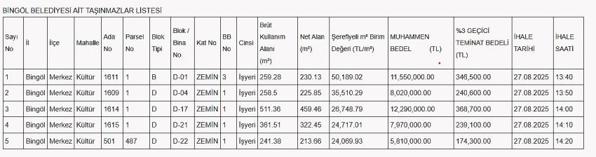 Bingöl Belediyesi Konut ve İşyeri Satacak